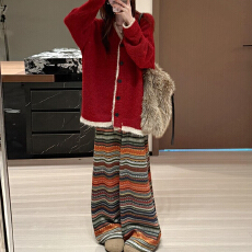 官图 韩系新款拼接慵懒风毛衣2025冬季新款条纹阔腿裤加厚两件套