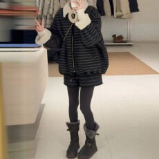 批发官图 韩系新款撞色慵懒时尚上衣2025冬季新款阔腿裤厚<b class='q'>条纹</b>两件套