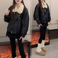 批发官图 黑色复古机车毛毛领休闲外套2025冬小个子加绒加厚翻领夹克