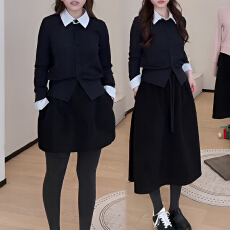 批发官图 巨好看冬装套装韩系撞色翻领拼接假两件针织衫半身裙<b class='q'>两件套</b>