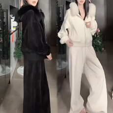 批发官图 温柔休闲2025秋冬新款加绒可拆卸毛领连帽外套直筒裤<b class='q'>两件套</b>