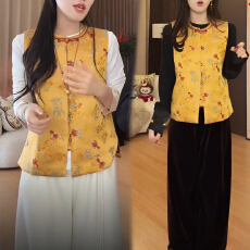 批发官图 法式圆领T恤套头上衣2025秋冬季叠穿桂花金鱼马甲背心两件套