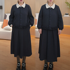 批发官图 洋气拼接撞色翻领下摆木耳边上衣女2025冬季<b class='q'>时尚</b>半身裙套装