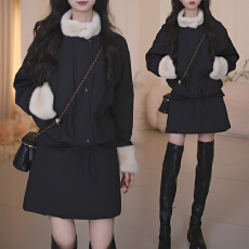 批发官图 温柔<b class='q'>时尚</b>棉服套装秋冬新款设计毛领短款收腰外套半裙两件套