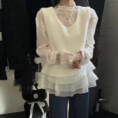 批发官图 法式优雅风蕾丝镂空长袖打底衫叠穿针织马甲冬季轻奢两件套