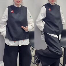 官图 复古马甲时尚套装女装2025韩系小个子休闲衬衫阔腿裤三件套