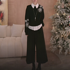 批发官图 撞色翻领亮片假两件上衣女2025秋冬新款新八分<b class='q'>裤</b>休闲<b class='q'>裤</b>套<b class='q'>装</b>