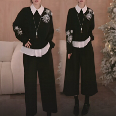 批发官图 <b class='q'>时尚</b>洋气假两件亮片撞色上衣2025秋冬新款休闲直筒<b class='q'>裤</b>两件套