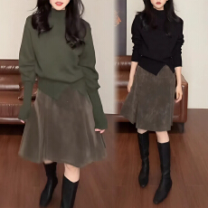 批发官图 韩系复古高领收腰设计感针织衫半身裙女2026秋冬慵懒两件套