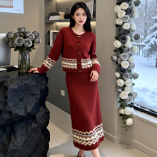 批发官图 巨好看红色毛衣穿搭一整套2026冬季时尚圆领毛衣长裙两件套