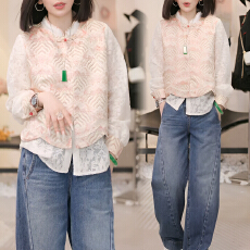 批发官图 复古国潮改良<b class='q'>汉服</b>盘扣提花蕾丝立领上衣新年贺岁氛围感<b class='q'>唐装</b>