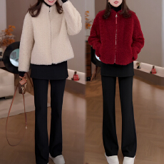 批发官图 法式气质立领毛毛外套2026秋冬新款假两件屁帘微喇裤两件套