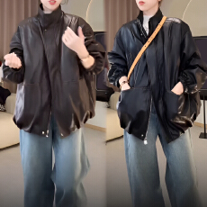 批发官图 2026<b class='q'>冬</b>季新款简约洋气酷炫立领拉链外套女时尚加厚加绒皮衣