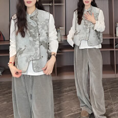 官图 复古国潮搭配新中式国风无袖马甲打底衫阔腿长裤气质三件套