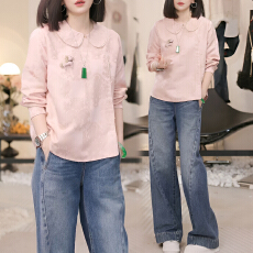 批发官图2026春秋新款高级感时尚洋气别致斜扣长袖上衣小马提花衬衫