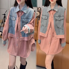 批发官图 小众<b class='q'>牛仔</b>马甲拼接真两件长袖衬衫女2026秋冬新款<b class='q'>上衣</b>两件套