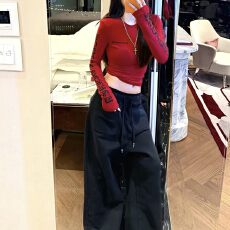 批发官图 韩系时尚2026春秋新款印花长袖<b class='q'>T</b><b class='q'>恤</b>女双腰头复古直筒<b class='q'>裤</b>两件套