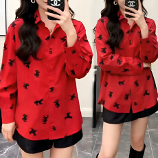 官图 法式时尚小马印花长袖衬衫2026春秋新款设计显瘦休闲小开衫