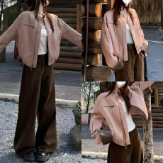 批发官图 2026春秋新款复古撞色长袖皮衣夹克外套高腰直筒阔腿裤套装