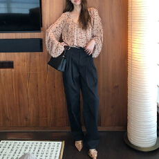 批发官图 复古风V领豹纹衫上衣2026春秋新款气质时尚锥形直筒裤两件套