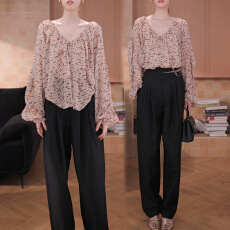批发官图 法式设计独特漂亮时尚衬衫上衣2026春秋款气质直筒裤两件套