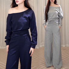 批发官图 松弛慵懒风斜肩卫衣长裤套装女2026春秋新款随性时尚两件套