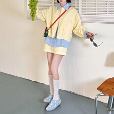 批发官图 2026春秋新款小清新时尚条纹衬衫拼接<b class='q'>外套</b>高腰短裙两件套装