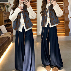 批发官图 复古森系套装裤2026春秋新款提花<b class='q'>牛仔</b>马甲<b class='q'>衬衫</b>灯笼裤三件套