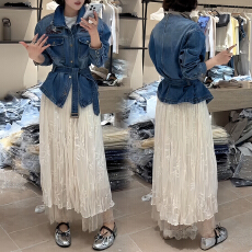 批发官图 气质收腰<b class='q'>牛仔</b>外套韩系新款高级显瘦百搭翻领短上衣<b class='q'>长裙</b>套装