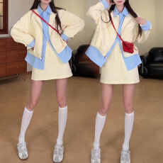 批发官图 2026新款女装春秋新款设计清新条纹衬衫拼接<b class='q'>外套</b>短裙两件套