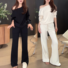 批发官图 韩版休闲洋气套<b class='q'>装</b>女春秋斜领露肩长袖<b class='q'>上衣</b>+高腰阔腿<b class='q'>裤</b><b class='q'>两件套</b>