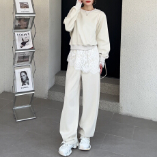 批发官图 松弛感卫衣套装2026春秋新款休闲上衣蕾丝拼接阔腿裤两件套