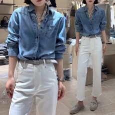 批发官图 港风复古休闲时尚套装2026春秋高级蓝牛仔衬衫九分裤两件套