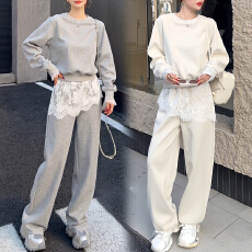 批发官图 时尚套装2026春秋款袖口蕾丝拼接上衣屁帘阔腿裤气质两件套