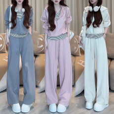 批发官图 韩系超好看休闲运动套装春秋慵懒拼接连帽卫衣阔腿裤三件套