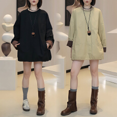 批发官图 2026春秋中长款时尚百搭显瘦圆领宽松卫衣休闲撞色上衣外套