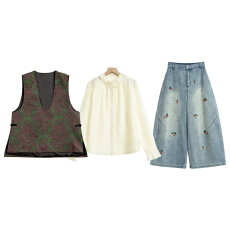 批发官图 2026春秋款新中式国风三件套女叠穿宽松马甲<b class='q'>衬衫</b>牛仔裤套装