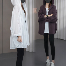 批发官图 连帽中长款薄款衬衫女春秋新款欧货减龄气质百搭开衫外套潮