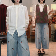 批发官图 新中式国风套装2026春秋新款复古设计马甲<b class='q'>衬衫</b>牛仔裤三件套