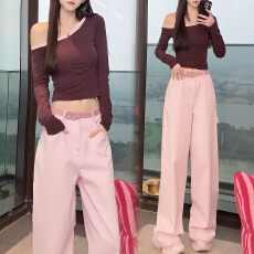批发官图 韩系独特超好看套装女<b class='q'>春秋</b>季休闲斜肩上衣高腰阔腿裤两件套
