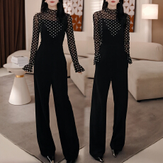 批发官图 时尚波点长袖半高领上衣2026<b class='q'>春秋</b>新款背带连体直筒裤两件套