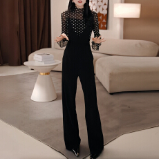 批发官图 2026<b class='q'>春秋</b>款百搭半高领显瘦波点长袖上衣高腰连体直筒裤套装