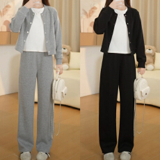 批发官图 2026<b class='q'>春秋</b>新款设计感打底T恤单排扣长袖外套直筒阔腿裤三件套