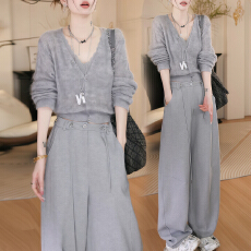 批发官图 重工亮片软糯显瘦针织<b class='q'>开衫</b><b class='q'>女</b>新款上衣休闲阔腿裤<b class='q'>百</b>搭两件套