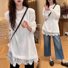 批发官图 韩系春秋新款圆领宽松针织衫百搭减龄<b class='q'>打底</b>上衣牛仔裤三件套