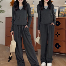 批发官图 2026春秋新款设计时尚连帽修身拉链上衣直筒系带<b class='q'>裤</b>子两件套