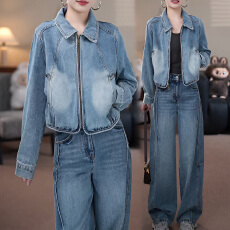 批发官图 复古时尚气质水洗拉链牛仔夹克外套2026春秋高级感酷炫上衣