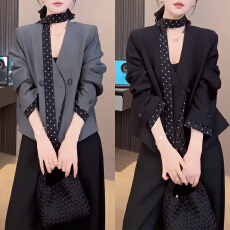 批发官图 时尚休闲拼接V领西装外套女春秋配丝巾通勤百搭<b class='q'>小</b><b class='q'>西服</b>高级感