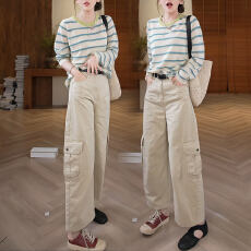 批发官图 高级感撞色条纹针织长袖t恤春秋2026上衣<b class='q'>打底</b>衫牛仔裤两件套