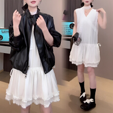 批发官图 春秋高级感气质百搭宽松减龄慵懒风短款外套背心连衣裙套装